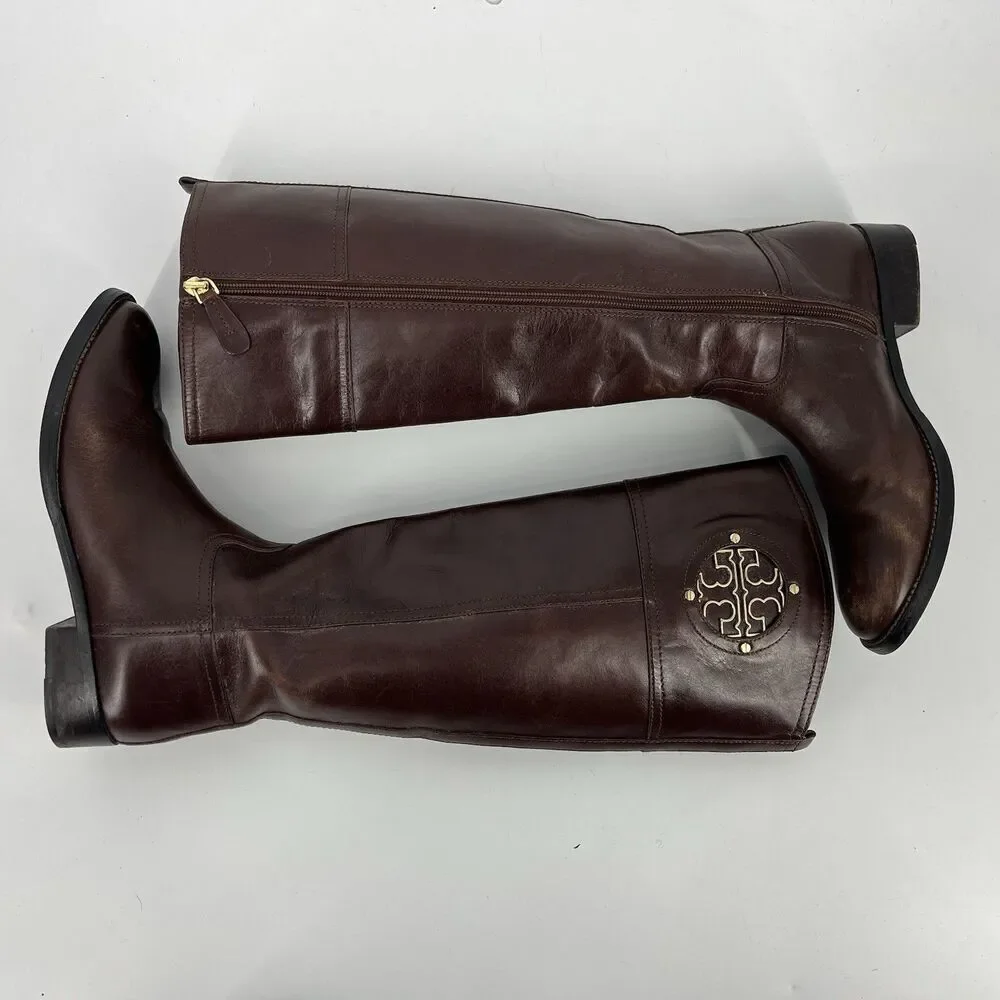 Tory Burch Kiernan Boots Size 7.5 Womens Brown Western Leather Riding Gold Logo